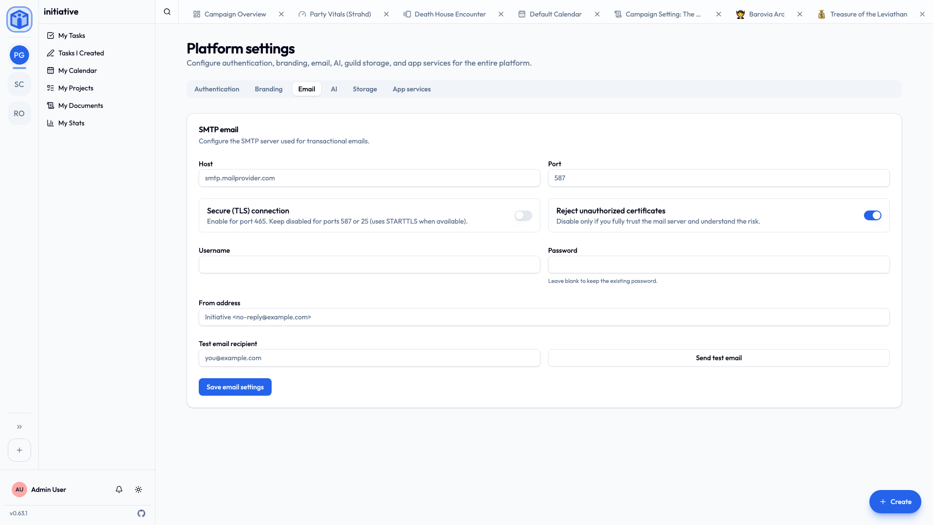 SMTP email settings