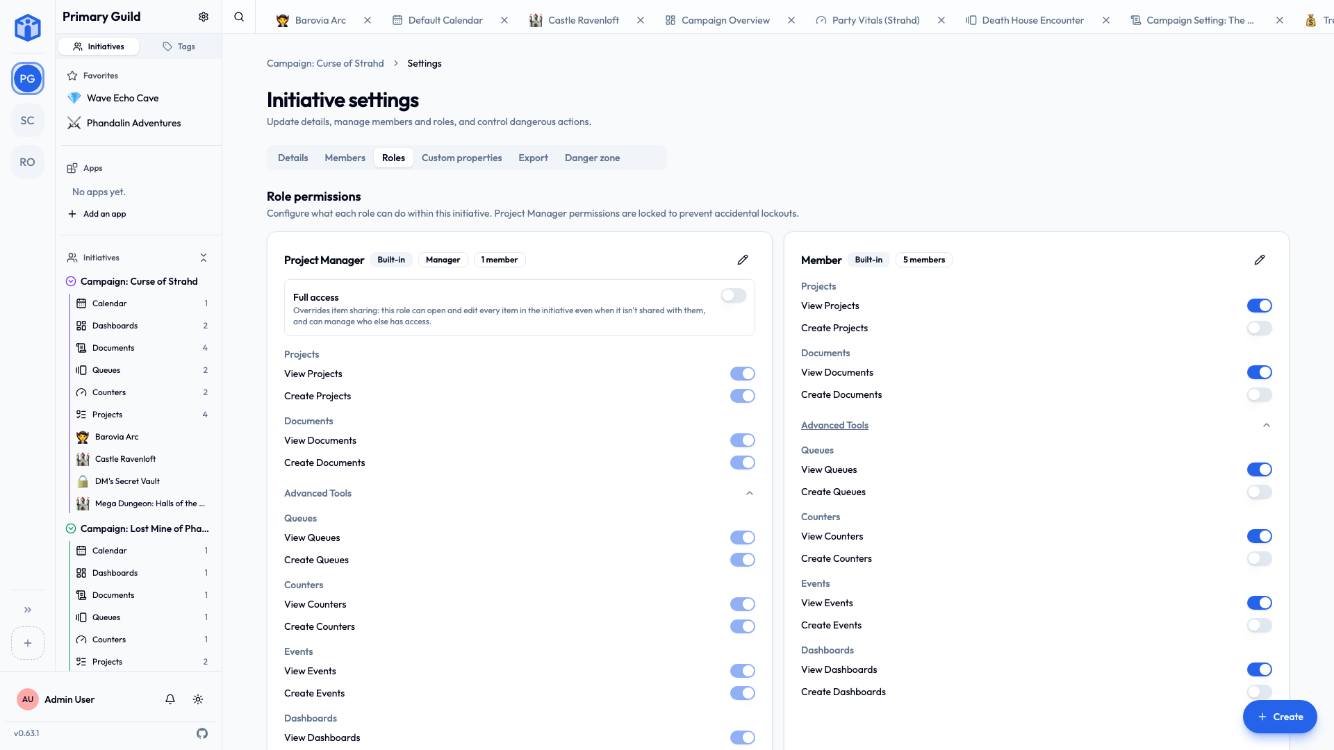 Setting permissions for an initiative role