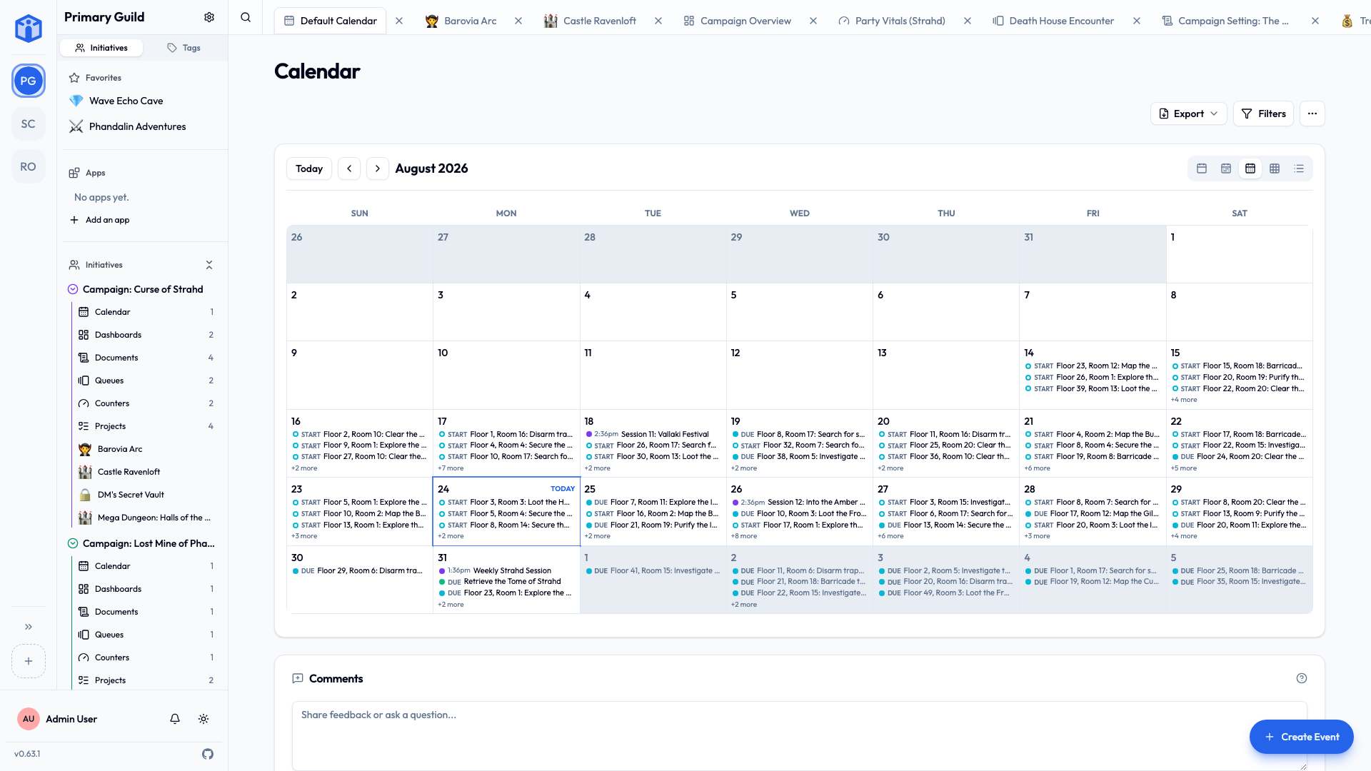 The initiative calendar with events